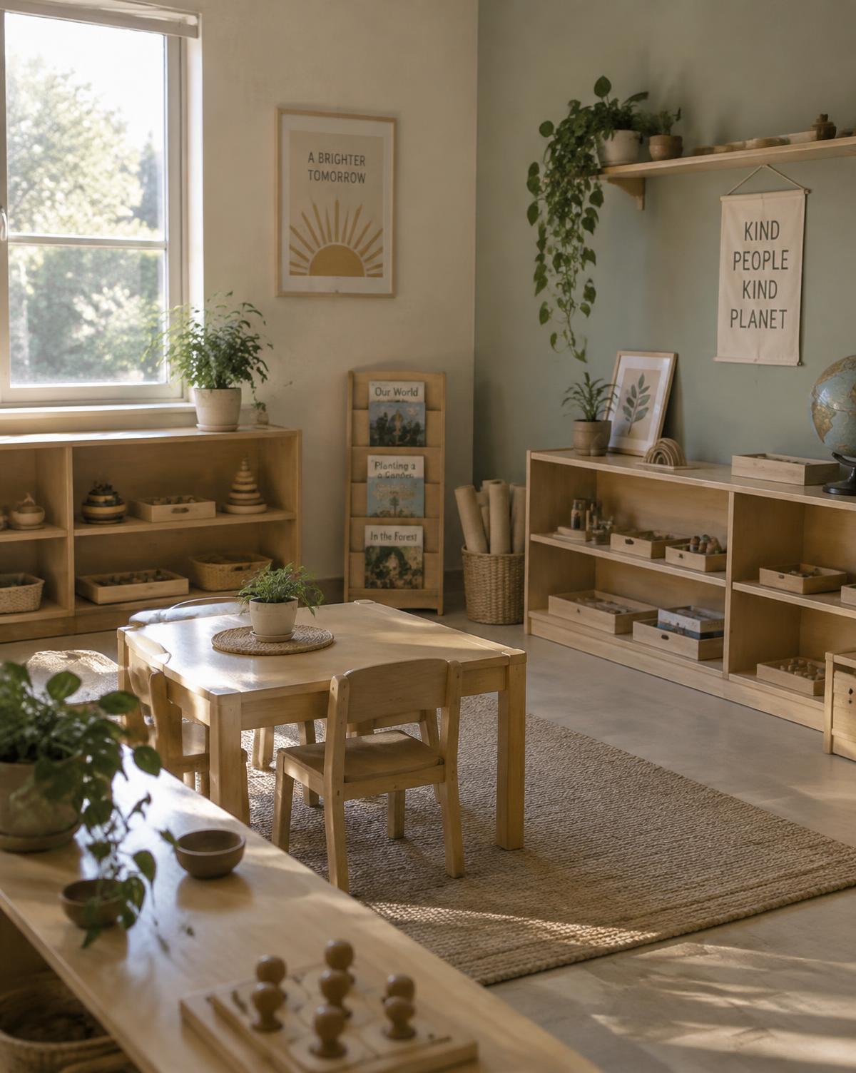 A calm, well-organised childcare room in natural morning light